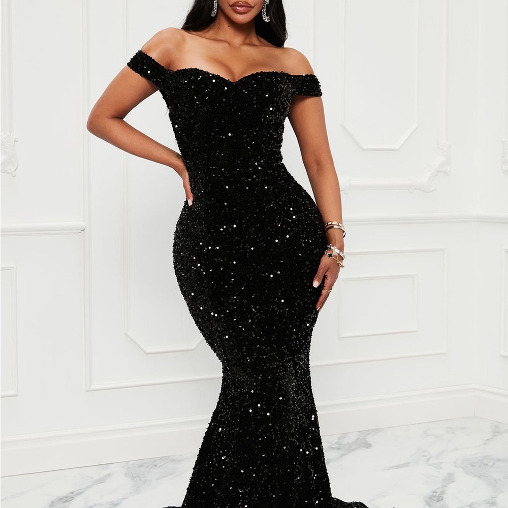 Fashion Nova Black Off-Shoulder Sequin Mermaid Gown
